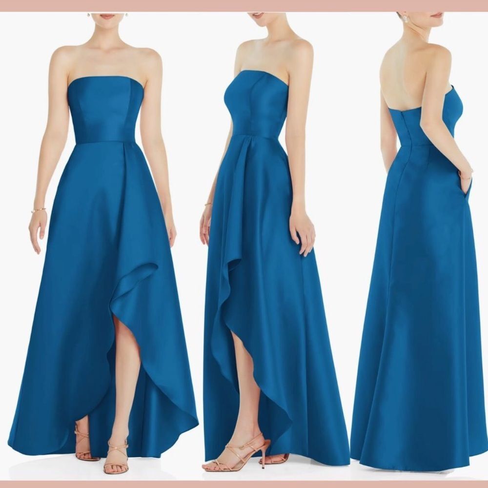 NWT Alfred Sung Strapless Satin Gown Wedding Bridesmaid Dress Blue Size 4